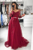 Kateprom Burgundy V Neck Long Sleeves A Line Appliqued Tulle Prom Dress with Beading Belt KPP1200