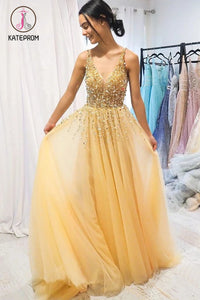 Kateprom A Line Floor Length Tulle Prom Dress with Sequins, Cheap V Neck Long Formal Dresses KPP1203