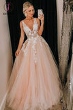 Kateprom Puffy Deep V Neck Sleeveless Tulle Prom Dresses, A Line Appliqued Floor Length Party Dress KPP1204