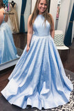 Kateprom Light Blue Jewel Open Back Long Prom Dress with Pearls, A Line Sleeveless Formal Dress KPP1209