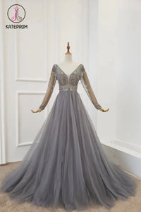 Kateprom A Line V Neck Long Sleeves Tulle Gray Prom Dress with Beading, Cheap Party Dresses KPP1210