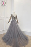 Kateprom A Line V Neck Long Sleeves Tulle Gray Prom Dress with Beading, Cheap Party Dresses KPP1210