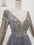 Kateprom A Line V Neck Long Sleeves Tulle Gray Prom Dress with Beading, Cheap Party Dresses KPP1210