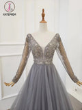 Kateprom A Line V Neck Long Sleeves Tulle Gray Prom Dress with Beading, Cheap Party Dresses KPP1210