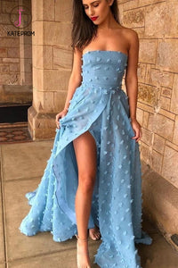 Kateprom Sexy A Line Strapless Split Sweep Train Long Prom Dress, Unique Blue Formal Dresses KPP1211