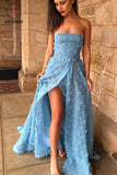 Kateprom Sexy A Line Strapless Split Sweep Train Long Prom Dress, Unique Blue Formal Dresses KPP1211