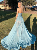 Kateprom Sexy A Line Strapless Split Sweep Train Long Prom Dress, Unique Blue Formal Dresses KPP1211