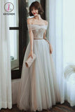 Kateprom Light Gray Tulle Lace Long Prom Dress, Floor Length Off the Shoulder Formal Dresses KPP1212