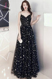 Kateprom Black Spaghetti Straps Tulle Prom Dress with Stars, Floor Length Long Evening Dress KPP1213