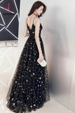 Kateprom Black Spaghetti Straps Tulle Prom Dress with Stars, Floor Length Long Evening Dress KPP1213