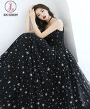 Kateprom Black Spaghetti Straps Tulle Prom Dress with Stars, Floor Length Long Evening Dress KPP1213