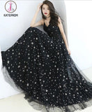 Kateprom Black Spaghetti Straps Tulle Prom Dress with Stars, Floor Length Long Evening Dress KPP1213