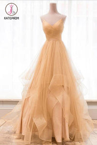 Kateprom Spaghetti Straps V Neck Sparkly Long Prom Dress, Backless Pleated Tulle Party Dresses KPP1214