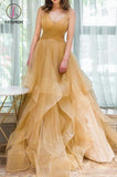 Kateprom Spaghetti Straps V Neck Sparkly Long Prom Dress, Backless Pleated Tulle Party Dresses KPP1214