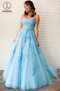 Kateprom A Line Sky Blue Lace Backless Long Prom Dresses, Backless Sky Blue Lace Formal Dresses KPP1215