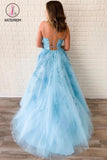 Kateprom A Line Sky Blue Lace Backless Long Prom Dresses, Backless Sky Blue Lace Formal Dresses KPP1215