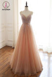 Kateprom Sexy Straps Sleeveless Long Tulle Prom Dress with Beading, Floor Length Sparkly Evening Dress KPP1218