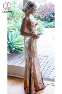 Kateprom Sexy Sequined Mermaid Backless Prom Dress, Rose Gold Floor Length V Neck Formal Dress KPP1222