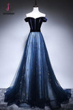 Kateprom Dark Blue Velvet Tulle Long Prom Dress, Elegant Off the Shoulder Evening Dress with Sleeve KPP1232