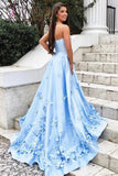 Kateprom Sky Blue Strapless Satin Prom Dress with Flowers, Elegant Party Dress with Pockets KPP1234