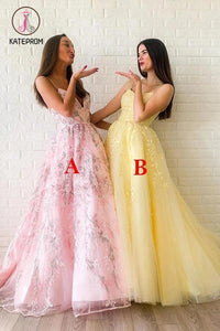 Kateprom Modest Tulle A-line Appliques Spaghetti Straps Floor Length Lace Prom Dress KPP1235