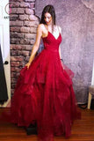 Kateprom Red Spaghetti Straps V Neck Asymmetrical Prom Dress, Backless Sparkly Long Formal Dress KPP1237