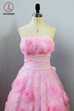 Kateprom Strapless A Line Prom Dress with Flowers, Unique Pink Sweep Train Party Dresses KPP1239