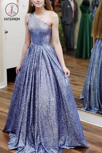 Kateprom A-line One Shoulder Sparkly Long Prom Dresses Sequins Floor Length Evening Dress KPP1242