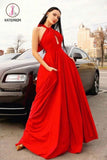 Kateprom Stylish Red Halter Long Prom Dress, Floor Length Sleeveless Evening Dresses with Pockets KPP1243