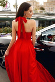 Kateprom Stylish Red Halter Long Prom Dress, Floor Length Sleeveless Evening Dresses with Pockets KPP1243