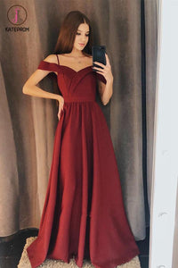 Kateprom Charming A Line Off The Shoulder Burgundy Satin Long Prom Dresses KPP1129