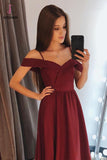 Kateprom Charming A Line Off The Shoulder Burgundy Satin Long Prom Dresses KPP1129