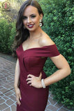 Kateprom Off The Shoulder Burgundy Satin Long Prom Dresses With Slit KPP1259