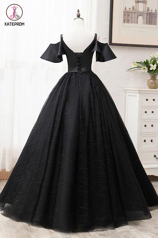 Kateprom Black Ball Gown Short Sleeves Long Prom Dresses, Floor Length –  kateprom