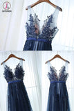 Kateprom Dark Blue A Line Tulle Prom Dress with V Back, Floor Length Sleeveless Dress with Appliques KPP1306