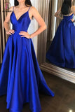 Kateprom Royal Blue Spaghetti Straps V Neck Simple Floor Length Satin Prom Dress KPP1300