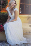 Kateprom A-Line V Neck Floor Length Cap Sleeves Lace Beach Wedding Dress, Boho Wedding Dresses KPW0554