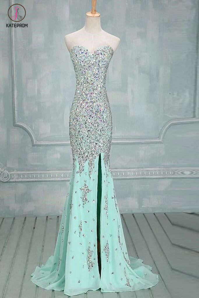 Mermaid Beaded Mint Front Split Long Prom Dress Evening Dresses KPP001 ...