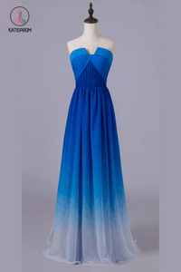 Royal Blue Gradient Ombre Notched Neck Long Chiffon Prom Dresses,Formal Dresses KPB0095