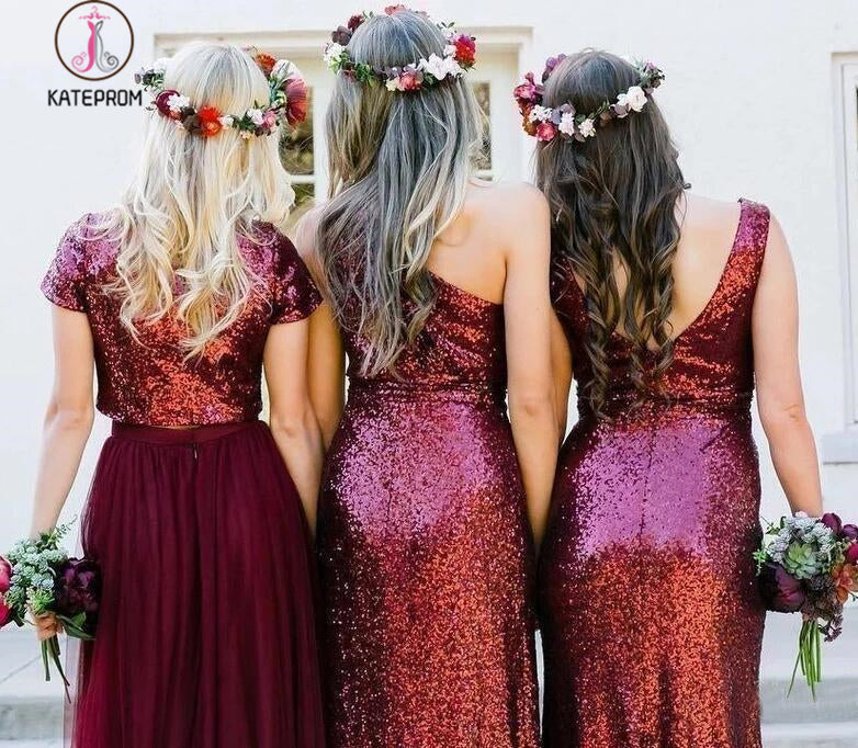 Shiny Burgundy Sequins Bridesmaid Dresses Long Mismatched Bridesmaid D –  kateprom