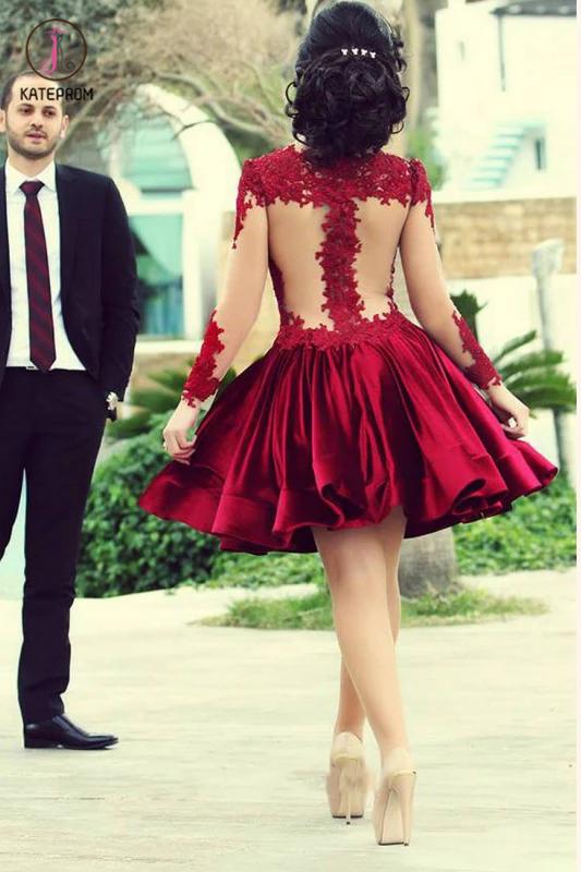 Knee Length Homecoming Dresses with Appliques,See-through Long Sleeve ...