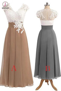 Gray V-neck Cap Sleeves Lace Applique Chiffon Mother of the Bride Dresses KPM0006