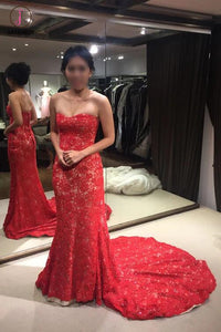 Red Lace Strapless Trumpet Court Train Evening Dress,Winter Formal Dresses KPP0261