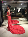 Red Lace Strapless Trumpet Court Train Evening Dress,Winter Formal Dresses KPP0261