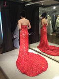 Red Lace Strapless Trumpet Court Train Evening Dress,Winter Formal Dresses KPP0261