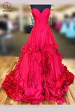 Red Princess Strapless Long Prom Dress,Court Train Sweetheart Formal Gown KPP0288