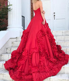 Red Princess Strapless Long Prom Dress,Court Train Sweetheart Formal Gown KPP0288