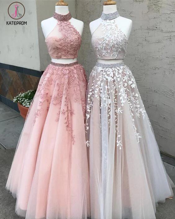 Two Pieces Lace Crop Top High Neck Appliques Tulle Prom Dresses with B –  kateprom