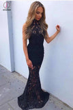 Black Mermaid High Neck Sweep Train Sleeveless Lace Prom Dress,Sexy Evening Dress KPP0348