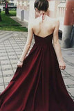 A-line Sexy Halter Sleeveless Dark Red Illusion Bodice Long Prom Dress with Lace KPP0439